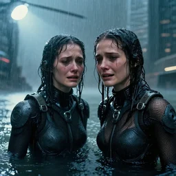 cinestill candid photographic portrait by stanley kubrick of two female androids sobbing wearing rugged black mesh techwear in treacherous waters, flooded city, medium closeup, retrofuturism cyberpunk moody emotional cinematic, pouring iridescent rain bright spotlight helicopter, 8 k, hd, high resolution, 3 5 mm, f / 3 2, ultra realistic faces