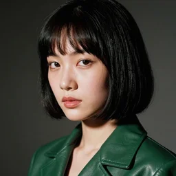 ektachrome, 3 5 mm, highly detailed : incredibly realistic, youthful asian demure, perfect features, feminine cut, beautiful three point perspective extreme closeup 3 / 4 portrait photo in chiaroscuro style 1 9 7 0 s frontiers in flight green leather suit cosplay vogue fashion edition, nick night, show studio, backdrop