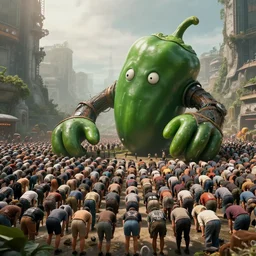 thousands of people in a dystopian future bowing down and worshipping a giant jalapeno monster, detailed, realistic