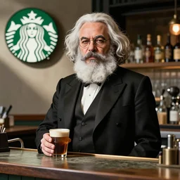 Karl Marx dress as Starbucks barista