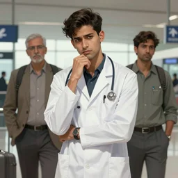 Anxious good looking pale young Indian doctors wearing American clothes at the airport, portrait, elegant, intricate, digital painting, artstation, concept art, smooth, sharp focus, illustration, art by artgerm and greg rutkowski and alphonse mucha