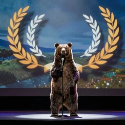 A bear on stage doing stand-up comedy