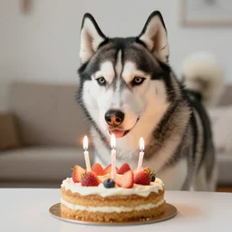 a siberian husky blowing out candles on a birthday cake