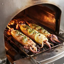 a perfect photograph of a mechanical man roasting in a giant oven, garnished with squid, dog, thyme and onion.