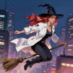 cyberpunk witch in lab coat flying on broom in night city