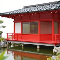 close - up image of a japanese red house with a pond, with stormtroopers sitting around it, a combination of pop - art and traditional japanese painting styles, the style of andy warhol, roy lichtenstein and jackie tsai, bright and saturated palette, acrylic on canvas
