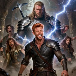 ( ( ( laughing ) ) ) ( ( ( ( copper haired chris hemsworth ) ) ) ) as destruction from sandman looking like kristofer hivju!!, medival armour!!, thunder & lightning,, by jeremy mann, by frank moth, jeff easley, alphonse mucha, dave mckean, soft lightning, high detailed, 8 k