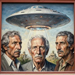 mural of ancient indian ufo encounter, charles abel corwin, frank lloyd wright, don ivan punchatz, highly detailed, hyper realism, sharp focus, detailed faces