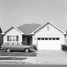 1 9 5 0 black and white photo of an ordinary 1 9 5 0 suburban house, garage, station wagon, bushes