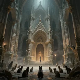 concept art of ancient cathedral of forgotten cat people, ritual, many cats national geographic, high fantasy, strong perspective, sacred perfect lighting,