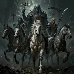 horsemen of the apocalypse, intricate artwork masterpiece, attrition, ominous, depressive horror cinematic lighting, volumetric 8 k, elden ring, by h. r. giger, noah bradley, karol bak, brian froud, trending on cgsociety, octane render, 8 k
