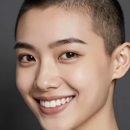 ektachrome, 3 5 mm, highly detailed : incredibly realistic, perfect features, buzz cut, dazzling smile, beautiful three point perspective extreme closeup 3 / 4 portrait photo in style of chiaroscuro style 1 9 7 0 s frontiers in flight suit cosplay paris seinen manga street photography vogue fashion edition