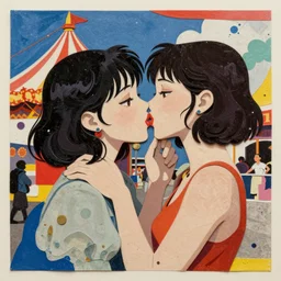 two anime women kissing at a carnival, mixed media collage, retro, paper collage, magazine collage, acrylic paint splatters, bauhaus, abstract claymation, layered paper art, sapphic visual poetry expressing the utmost of desires by jackson pollock