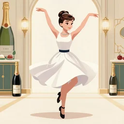 teenage audrey hepburn dancing in art deco style, champagne commercial, artstation, illustration, bright, cheerful, detailed and intricate environment