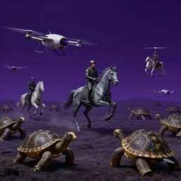 neurotic depiction of a battlefield with horses riding drones and militarized turtles, weapon design by zaha hadid, y 2 k aesthetic, dark purple background, chesley bonestell, 4 k