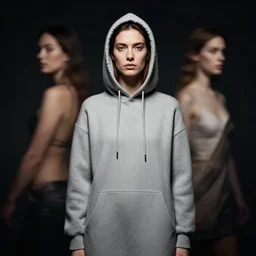 a portrait of a woman wearing a dress hoodie by peter mohrbacher and jenny saville and roberto ferri, dramatic, dynamic lighting, sharp focus, motion, symmetrical features