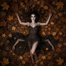 gorgeous female stella maeve magician, realistic character concept, overhead shot, drone shot, elegant pose, spooky, illustration, symmetrical face and body, cinematic lighting, detailed realistic symmetrical eyes, 8 k, joshua middleton, artgerm, tom bagshaw, single face, insanely detailed and intricate elegant, autumn leaves