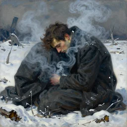 surrealist painting, closeup of a lonely man curled up and enveloped by smoke, on a snowy post apocalyptic field, painting by beksinski