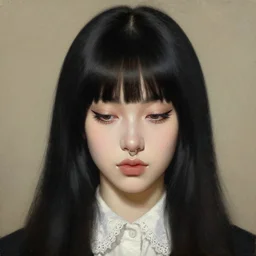 a detailed oil portrait of a beautiful pale skin girl with long balck hair hairstyle and short bangs, the corners of the brown eyes with very long eyelashes are turned down, small nose with piercing ring in a white lace collar shirt, big lips, by francisco goya
