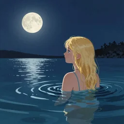 An illustration of a blonde girl in water at night the moon reflecting off the water, in the style of Quint Buchholz