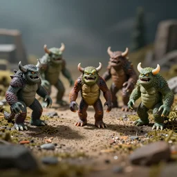 miniature figurines of monsters, tilt shift, product photography, hyper color