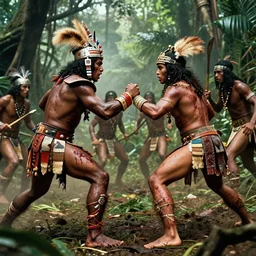 battle in jungle,  brutal  aztec and Amazonian  fight, epic, vintage, blood, slight inspiration of Boris vallejo and  apocalypto, war photography