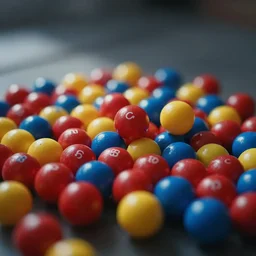 red, yellow, and blue gumballs in a pile