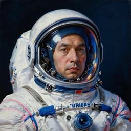 a neoclassicist portrait of a ussr space cosmonaut with face, reflective spacesuit and helmet. reflective detailed textures, deep blue and pink tones, gloomy dark black background. highly detailed fantasy science fiction portrait painting by mikhail vrubel and chris cunningham. rich colors, high contrast.
