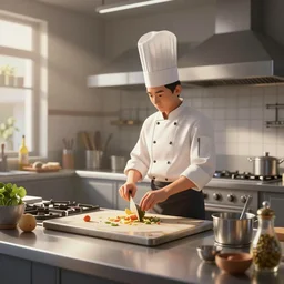 a cook in a kitchen. 2d,3d,artistic