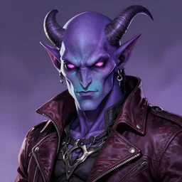 Purple and Teal skinned Tiefling, leather jacket, striking eyes, Yoshitaka Amano, digital art,