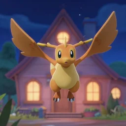 nighttime shot of cresselia the latias from pokemon in the style of zootopia, floating in front of house looking at camera high resolution pixar