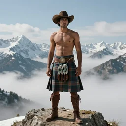 a homoerotic portrait by greg rutkowski and albert bierstadt and bill ward of a handsome shirtless brown desi man on a mountain peak | he is wearing a tartan kilt, cowboy hat, and leather boots | background is snowy mountains and clouds | detailed face, ethereal, dreamlike | trending on artstation