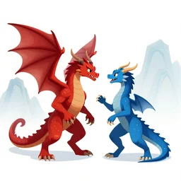 a red dragon fighting a blue dragon with mountains in the background