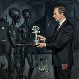 aliens in black handing over artifacts to a politician, night scene, inspired by francis picabia, concept art