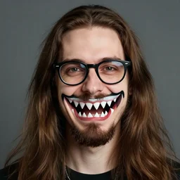 a photo of a guy with very long brownish! hair!, with nerdy! glasses! and goatee, with shark mouth theet grin, evil