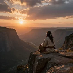 an shaman sitting at the top of a cliff, looking down at the valley, doing a vision quest, beautiful sunset, dramatic lighting, fantasy art, smooth matte painting
