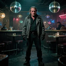 the full - body shot of old wrinkled unkempt drunkard brawler joaquin phoenix with sideburns worn in grey jacket with gloves in steampunk fallout disco bar, shot from withnail & i movie with cinematography of christopher doyle, frostpunk, neon gloomy light, discoball reflections, anamorphic, optical flares, kodak film, sharp focus, 8 k