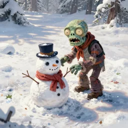 a cute zombie building a snowman in the winter, high angle shot, digital painting by greg hildebrandt, tim hildebrandt, greg rutkowski, artgerm