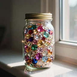 kodak portra 4 0 0, award - winning vivid portrait by britt marling of a jar is filled with tons of sparkling jewels, near a sunlit window in a room, colourful godrays shinging through the jar, no people