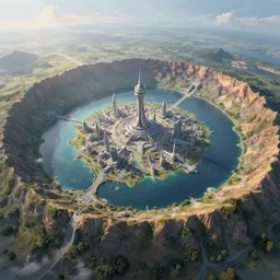 a highly detailed matte painting of large island in the center of a meteor crater lake with a futuristic fantasy city with a river running through it, aerial photography, ultrawide lens, art by john collier and albert aublet and alphonse mucha, volumetric lighting, octane render, 4 k resolution, trending on artstation, masterpiece