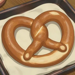 a pretzel, screenshot from Hayao Miyazaki anime, baking, food aesthetic, food photography, anime food, highly detailed anime illustration,