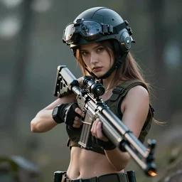 of a sexy alluring sniper russian girl in war, with futuristic gear and helmet, portrait, hoding a arrowgun, in the style of greg rutkowski, artstation, high quality art, lighting flare effect
