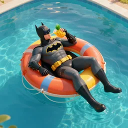 full body photo of batman, he is lying over a colorful life preserver and relaxing while he is floating over a giant pool, he is drinking an exotic pineaple drink and wearing sunglasses, aerial view, golden hour, high detail, unreal engine 5, trending on artstation