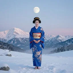 full body geisha, wearing a blue kimono, centered in a landscape of snow capped mountains with a pale moon overhead, horizon cinematic octane render 8 k trending on artstation,