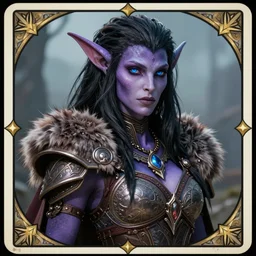 ! dream portrait of a alluring draenei in pelt armor, furaccessories, dark hair, purple skin, blue eyes, fantasy, sharp focus, award - winning, masterpiece, highly detailed, intricate, by seb mckinnon, rossdraws, tarot card border