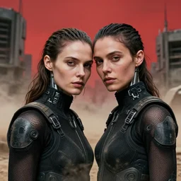 cinestill 5 0 d photographic portrait by steve mccurry of two loving female androids wearing rugged black mesh techwear in a brutalist compound with a red sky, extreme closeup, cyberpunk style, dust storm, 8 k, hd, high resolution, 3 5 mm, f / 3 2, ultra realistic faces, ex machina