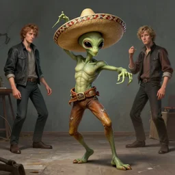 an alien wearing a sombrero dancing by artgerm and greg rutkowski, concept art, trending on artstation very detailed, realistic