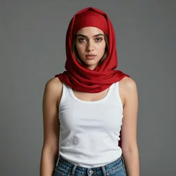 frontal portrait of a young ( thugish ) woman, wearing a red headscarf, a white tank top, and jeans, by donato giancola.