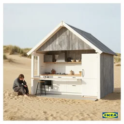 IKEA catalogue photo of a farm house kitchen, sand dunes, a sad figure, by Beksinski