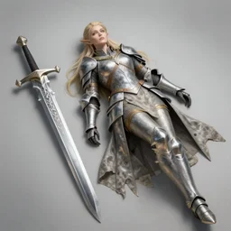 high fantasy elf queen wearing loose armor, laying next to a large silver sword, realistic, digital art, stylized, 4k